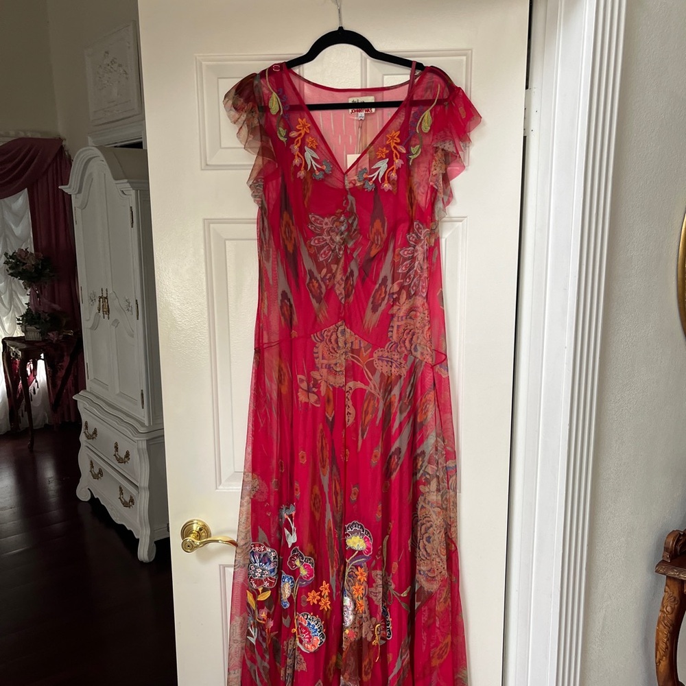Johnny Was Red Floral Maxi Dress with Multicolor Embroidery - Picture 2 of 5
